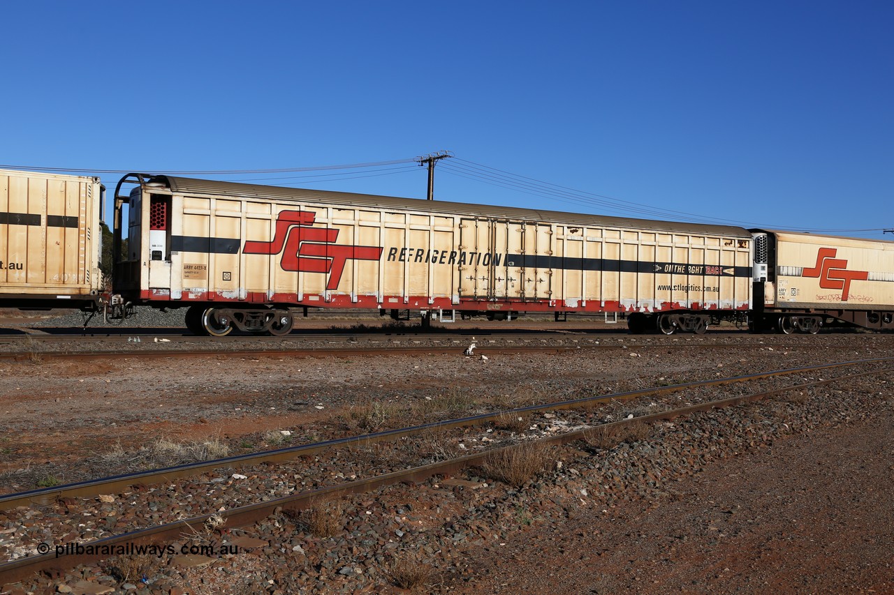 160530 9143
Parkeston, SCT train 1PM9 operates mostly empty from Perth to Melbourne, ARBY type ARBY 4423 refrigerated van, originally built by Comeng WA in 1977 as a VFX type covered van for Commonwealth Railways, recoded to ABFX and converted from ABFY by Gemco WA in 2004/05 to ARBY.
Keywords: ARBY-type;ARBY4423;Comeng-WA;VFX-type;