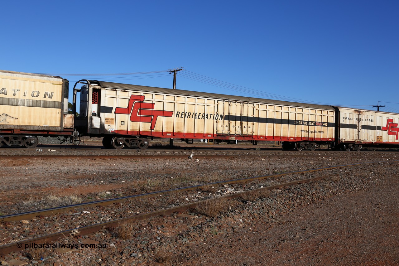 160530 9146
Parkeston, SCT train 1PM9 operates mostly empty from Perth to Melbourne, ARBY type ARBY 2659 refrigerated van, originally built by Comeng NSW in 1973 as a VFX type covered van for Commonwealth Railways, recoded to ABFX, RBFX and finally converted from ABFY by Gemco WA in 2004/05 to ARBY.
Keywords: ARBY-type;ARBY2659;Comeng-NSW;VFX-type;