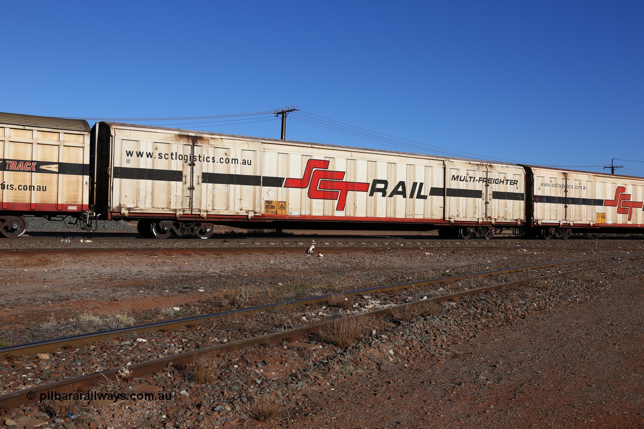 160530 9147
Parkeston, SCT train 1PM9 operates mostly empty from Perth to Melbourne, PBGY type covered van PBGY 0038 Multi-Freighter, one of eighty two waggons built by Queensland Rail Redbank Workshops in 2005.
Keywords: PBGY-type;PBGY0038;Qld-Rail-Redbank-WS;
