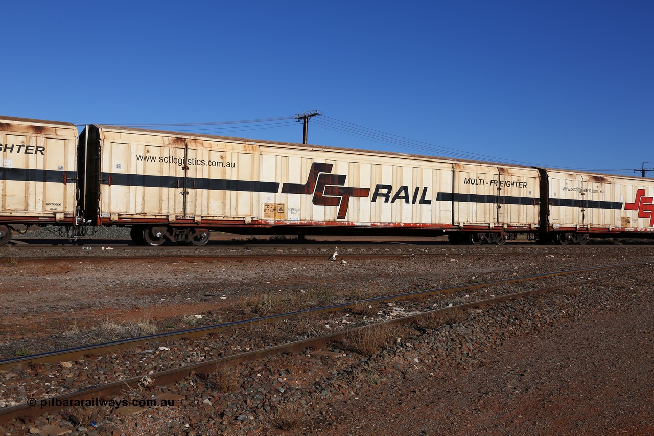 160530 9150
Parkeston, SCT train 1PM9 operates mostly empty from Perth to Melbourne, PBGY type covered van PBGY 0117 Multi-Freighter, one of eighty units built by Gemco WA, with Independent Brake signage.
Keywords: PBGY-type;PBGY0117;Gemco-WA;