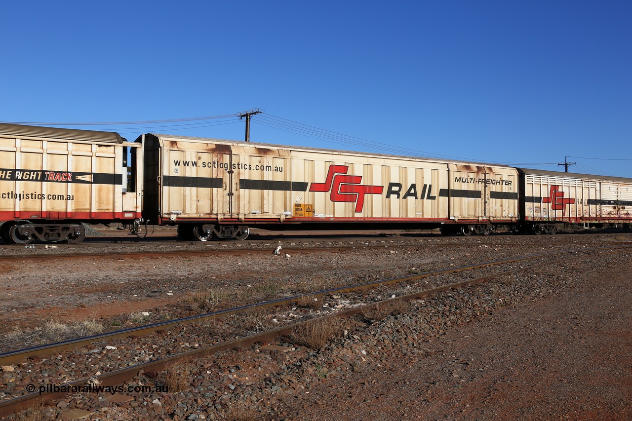 160530 9157
Parkeston, SCT train 1PM9 operates mostly empty from Perth to Melbourne, PBGY type covered van PBGY 0014 Multi-Freighter, one of eighty two waggons built by Queensland Rail Redbank Workshops in 2005.
Keywords: PBGY-type;PBGY0014;Qld-Rail-Redbank-WS;