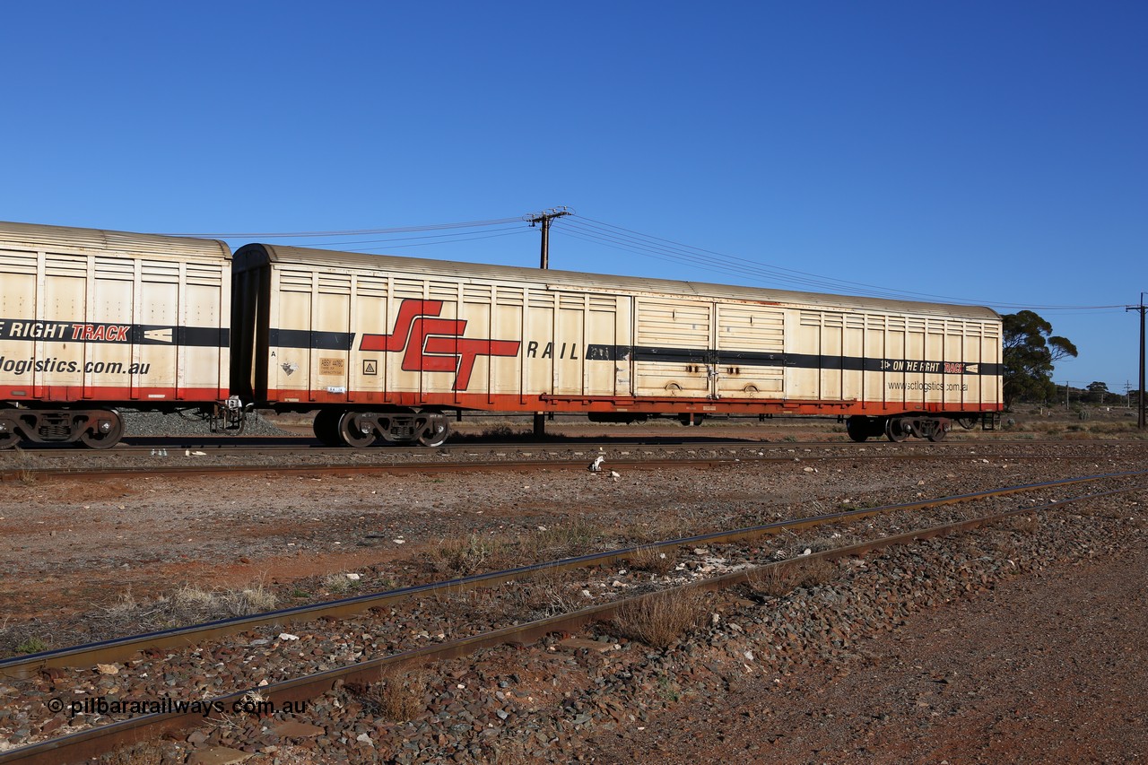 160530 9160
Parkeston, SCT train 1PM9 operates mostly empty from Perth to Melbourne, ABSY type van ABSY 4476, one of a batch of fifty made by Comeng WA as VFX type 75' covered vans 1977, recoded to ABFX type, seen here with the silver corrugated roof fitted when Gemco WA upgraded it to ABSY type.
Keywords: ABSY-type;ABSY4476;Comeng-WA;VFX-type;ABFX-type;