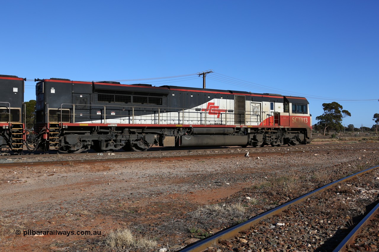 160530 9167
Parkeston, SCT train 7GP1 which operates from Parkes NSW (Goobang Junction) to Perth departs the mainline behind SCT class SCT 013 serial 08-1737 an EDI Downer built EMD model GT46C-ACe.
Keywords: SCT-class;SCT013;EDI-Downer;EMD;GT46C-ACe;08-1737;