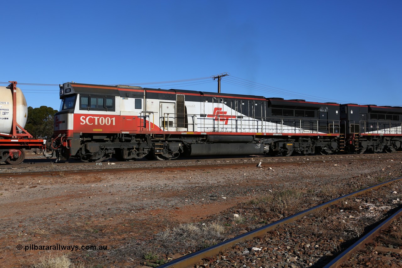 160530 9168
Parkeston, SCT train 7GP1 which operates from Parkes NSW (Goobang Junction) to Perth departs the mainline behind second unit SCT class leader SCT 001 serial 07-1725 second unit is an EDI Downer built EMD model GT46C-ACe.
Keywords: SCT-class;SCT001;07-1725;EDI-Downer;EMD;GT46C-ACe;07-1725;