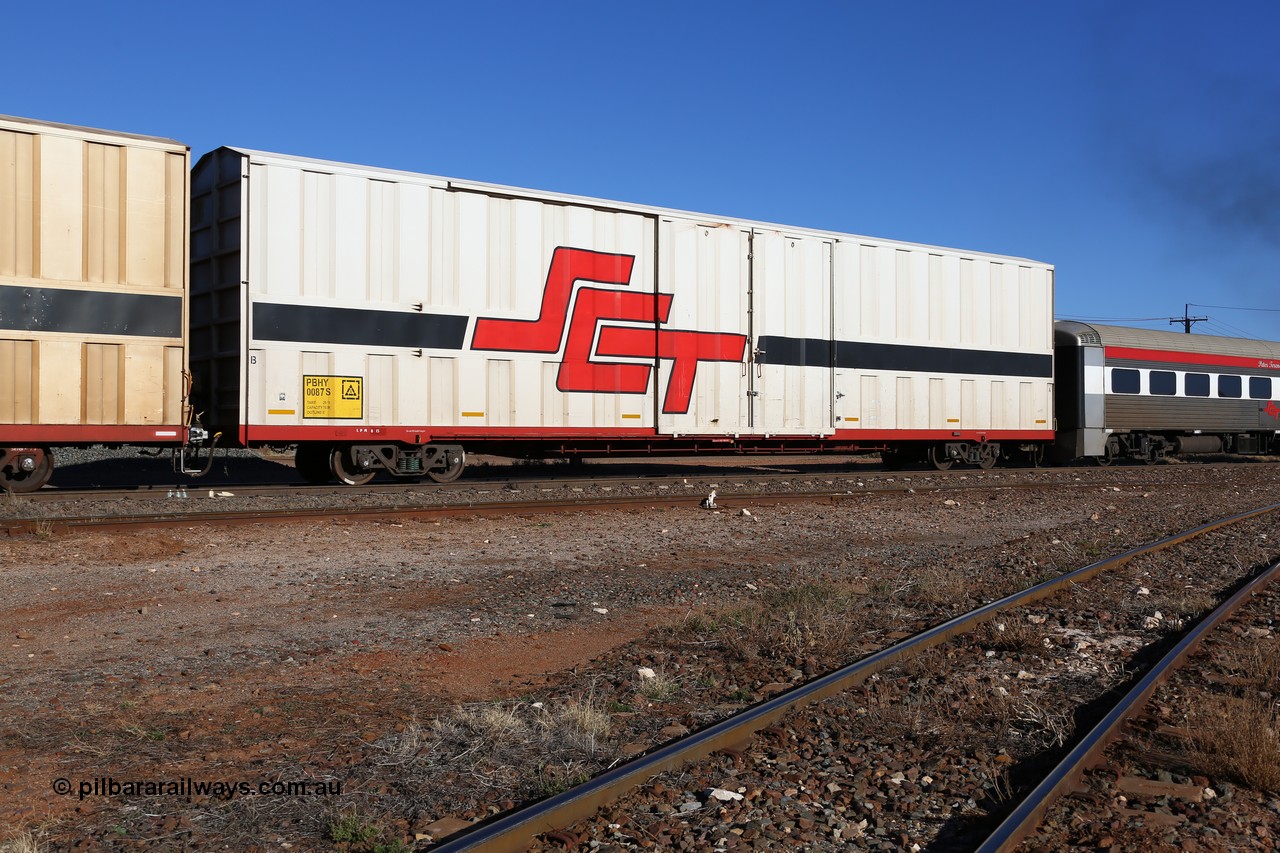 160530 9171
Parkeston, SCT train 7GP1 which operates from Parkes NSW (Goobang Junction) to Perth, PBHY type covered van PBHY 0087 Greater Freighter, built by CSR Meishan Rolling Stock Co China in 2014 without the Greater Freighter signage.
Keywords: PBHY-type;PBHY0087;CSR-Meishan-China;