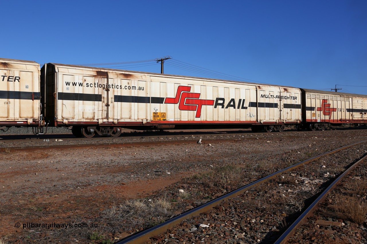 160530 9183
Parkeston, SCT train 7GP1 which operates from Parkes NSW (Goobang Junction) to Perth, PBGY type covered van PBGY 0033 Multi-Freighter, one of eighty two waggons built by Queensland Rail Redbank Workshops in 2005.
Keywords: PBGY-type;PBGY0033;Qld-Rail-Redbank-WS;