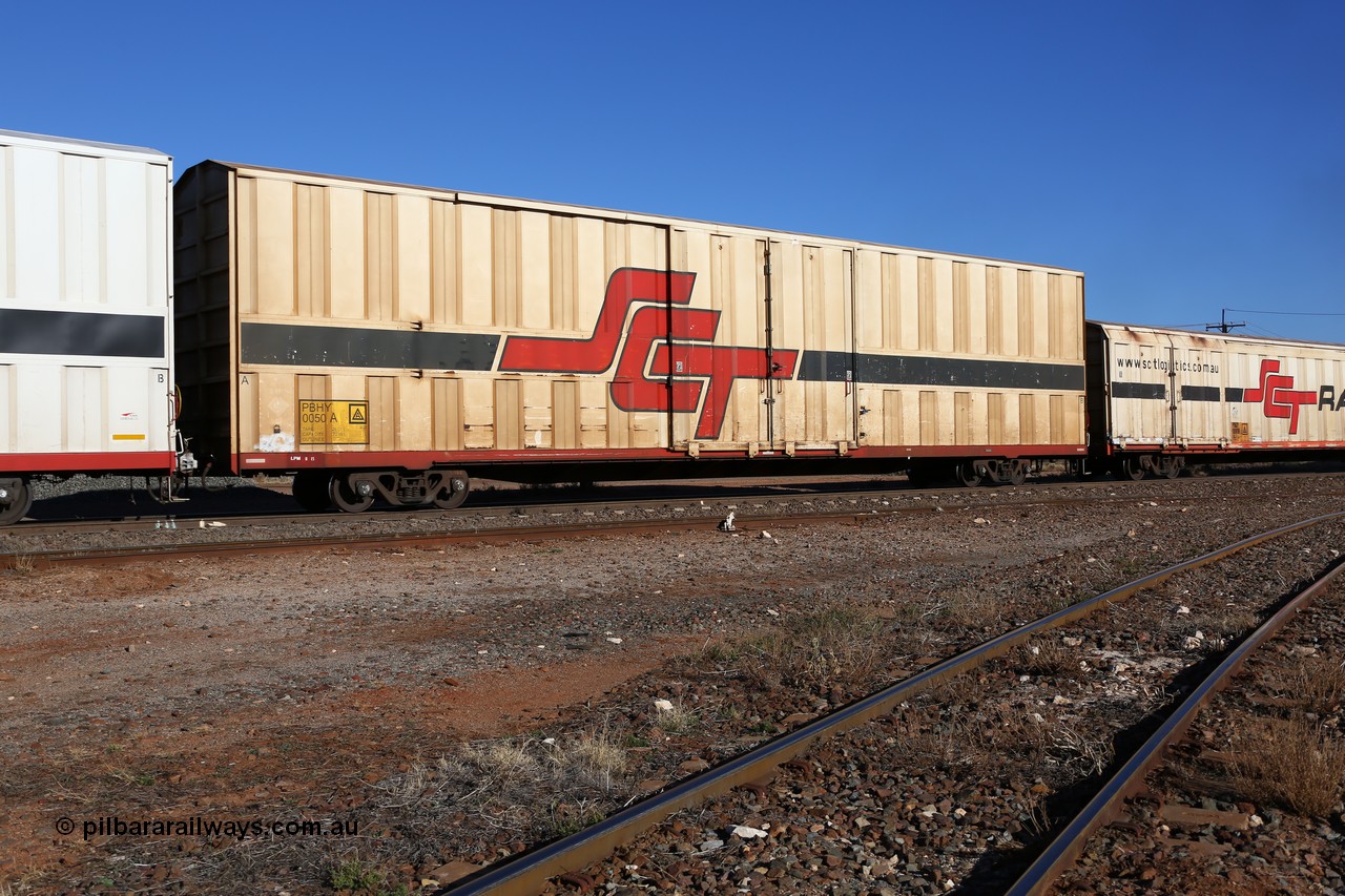 160530 9187
Parkeston, SCT train 7GP1 which operates from Parkes NSW (Goobang Junction) to Perth, PBHY type covered van PBHY 0050 Greater Freighter, one of a second batch of thirty units built by Gemco WA without the Greater Freighter signage.
Keywords: PBHY-type;PBHY0050;Gemco-WA;