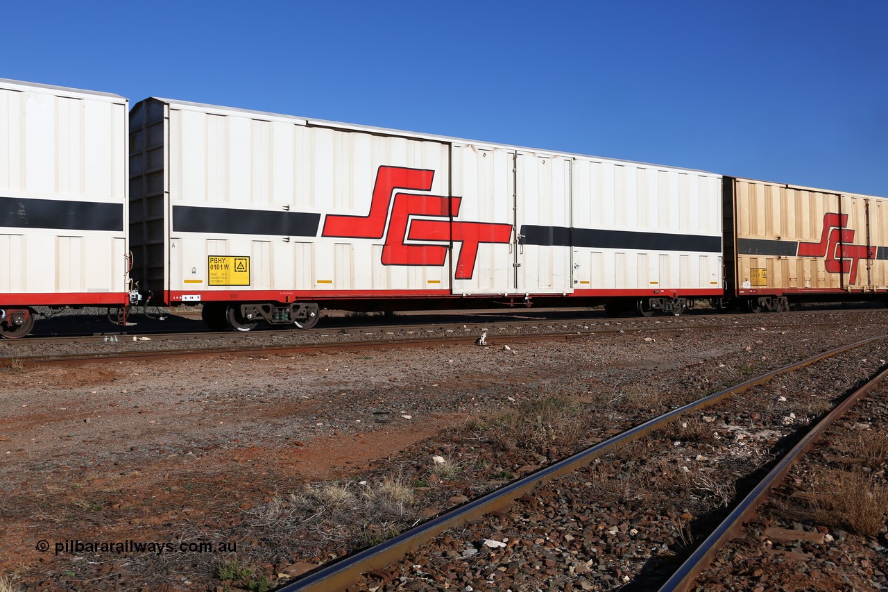 160530 9188
Parkeston, SCT train 7GP1 which operates from Parkes NSW (Goobang Junction) to Perth, PBHY type covered van PBHY 0101 Greater Freighter, built by CSR Meishan Rolling Stock Co China in 2014 without the Greater Freighter signage.
Keywords: PBHY-type;PBHY0101;CSR-Meishan-China;