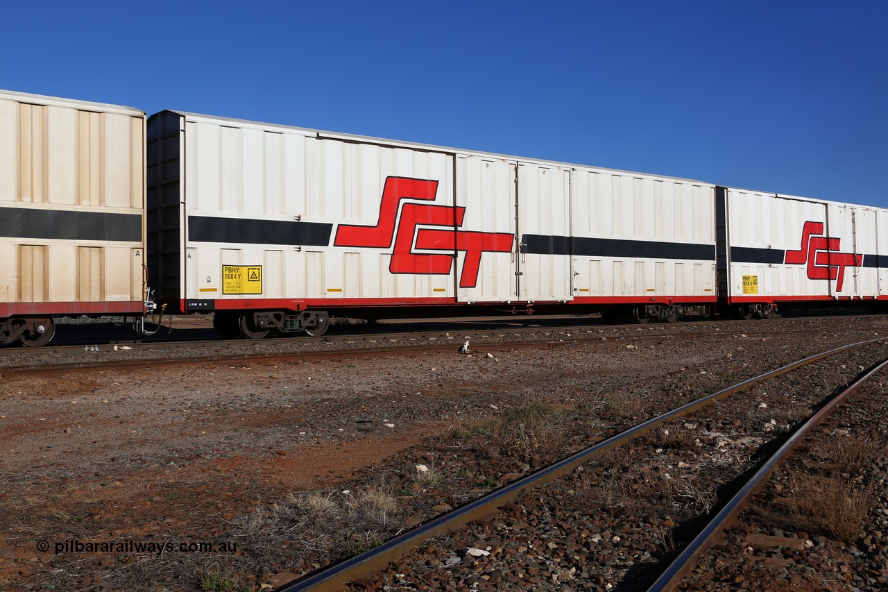 160530 9190
Parkeston, SCT train 7GP1 which operates from Parkes NSW (Goobang Junction) to Perth, PBHY type covered van PBHY 0084 Greater Freighter, built by CSR Meishan Rolling Stock Co China in 2014 without the Greater Freighter signage.
Keywords: PBHY-type;PBHY0084;CSR-Meishan-China;