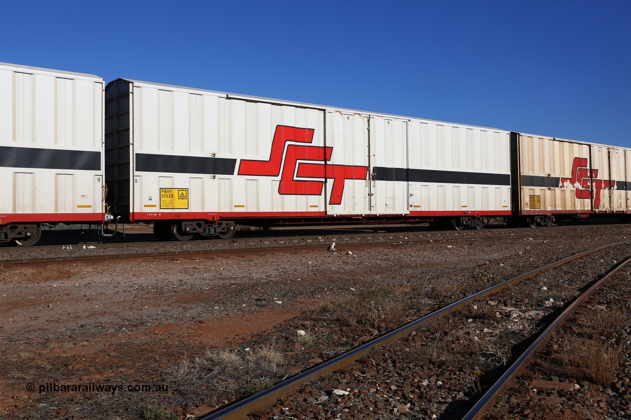 160530 9192
Parkeston, SCT train 7GP1 which operates from Parkes NSW (Goobang Junction) to Perth, PBHY type covered van PBHY 0103 Greater Freighter, built by CSR Meishan Rolling Stock Co China in 2014 without the Greater Freighter signage.
Keywords: PBHY-type;PBHY0103;CSR-Meishan-China;