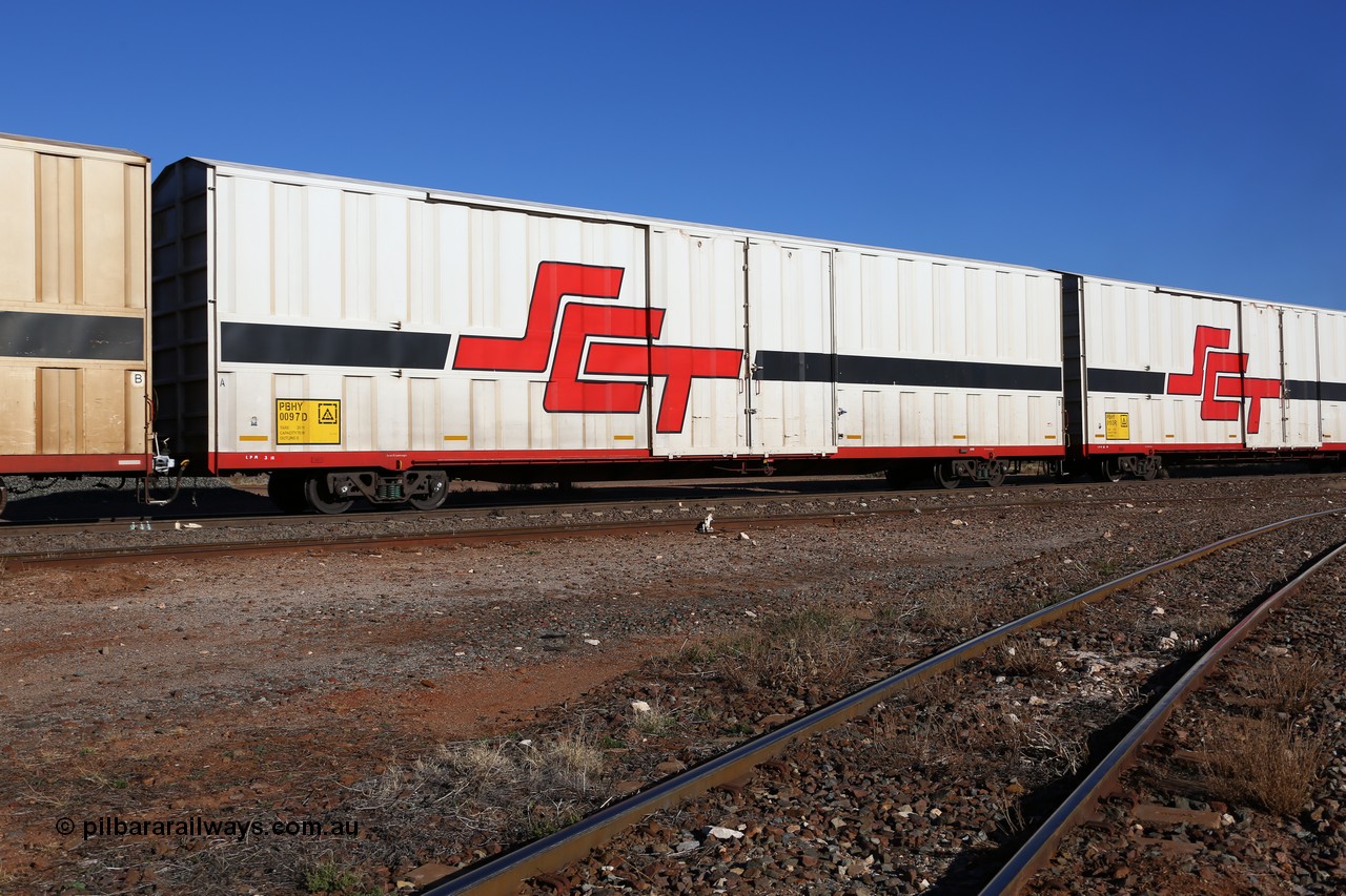 160530 9193
Parkeston, SCT train 7GP1 which operates from Parkes NSW (Goobang Junction) to Perth, PBHY type covered van PBHY 0097 Greater Freighter, built by CSR Meishan Rolling Stock Co China in 2014 without the Greater Freighter signage.
Keywords: PBHY-type;PBHY0097;CSR-Meishan-China;
