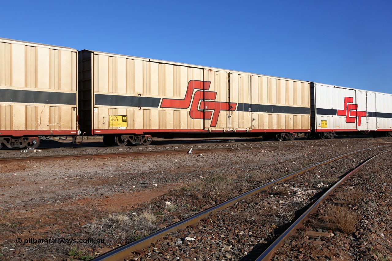 160530 9194
Parkeston, SCT train 7GP1 which operates from Parkes NSW (Goobang Junction) to Perth, PBHY type covered van PBHY 0056 Greater Freighter, one of a second batch of thirty units built by Gemco WA without the Greater Freighter signage.
Keywords: PBHY-type;PBHY0056;Gemco-WA;