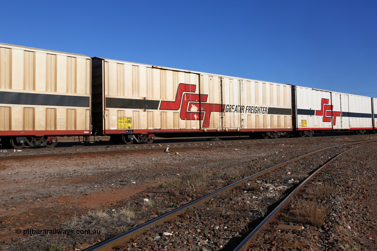 160530 9198
Parkeston, SCT train 7GP1 which operates from Parkes NSW (Goobang Junction) to Perth, PBHY type covered van PBHY 0002 Greater Freighter, one of thirty five units built by Gemco WA in 2005 with the 'Greater Freighter' signage.
Keywords: PBHY-type;PBHY0002;Gemco-WA;