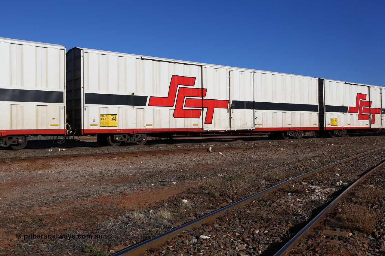 160530 9203
Parkeston, SCT train 7GP1 which operates from Parkes NSW (Goobang Junction) to Perth, PBHY type covered van PBHY 0082 Greater Freighter, built by CSR Meishan Rolling Stock Co China in 2014 without the Greater Freighter signage.
Keywords: PBHY-type;PBHY0082;CSR-Meishan-China;
