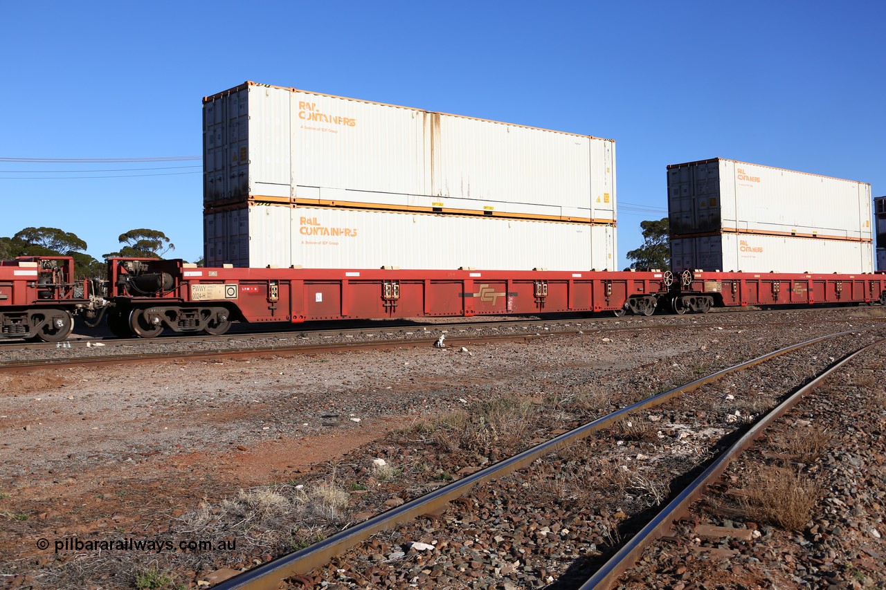 160530 9212
Parkeston, SCT train 7GP1 which operates from Parkes NSW (Goobang Junction) to Perth, PWWY type PWWY 0024 one of forty well waggons built by Bradken NSW for SCT, loaded with two 48' MFG1 type Rail Container boxes SCFU 412610 and SCFU 412615.
Keywords: PWWY-type;PWWY0024;Bradken-NSW;