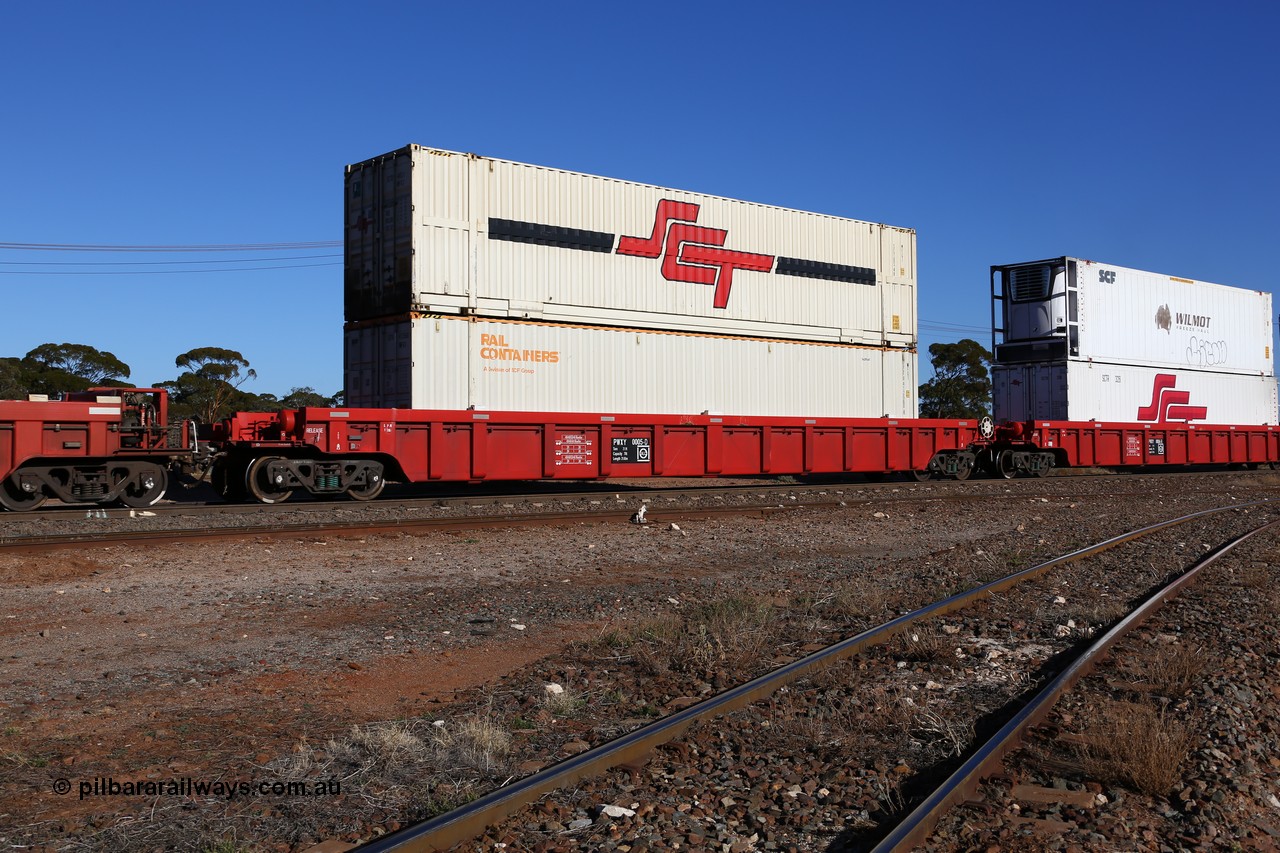 160530 9216
Parkeston, SCT train 7GP1 which operates from Parkes NSW (Goobang Junction) to Perth, PWXY type PWXY 0005 one of twelve well waggons built by CSR Meishan Rolling Stock Co of China for SCT in 2008, loaded with two 48' MFG1 type boxes, a Rail Containers SCFU 412560 and an SCT box SCTDS 4831.
Keywords: PWXY-type;PWXY0005;CSR-Meishan-China;