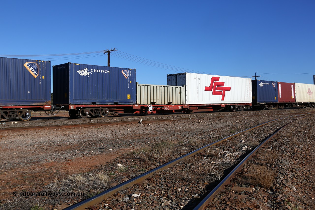160530 9224
Parkeston, SCT train 7GP1 which operates from Parkes NSW (Goobang Junction) to Perth, Gemco WA built PQIY type 80' container flat PQIY 0003 loaded with an SCT 40' RFRA type reefer SCTR 138, a half height open top 20' WH 28 and a 20' 2EG1 type Cronos box CXSU 111413.
Keywords: PQIY-type;PQIY0003;Gemco-WA;