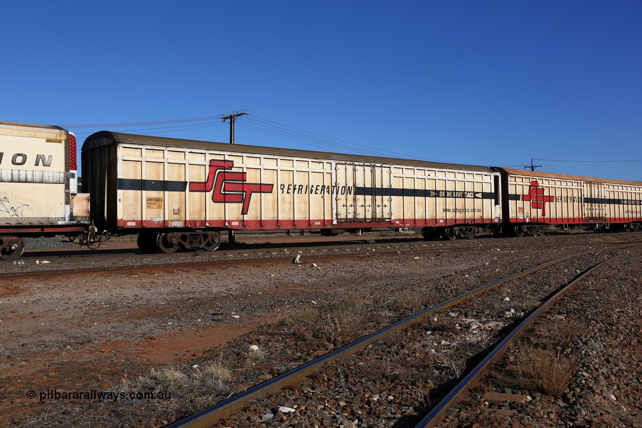 160530 9227
Parkeston, SCT train 7GP1 which operates from Parkes NSW (Goobang Junction) to Perth, ARBY type ARBY 2686 refrigerated van, originally built by Comeng NSW in 1973 as a VFX type covered van for Commonwealth Railways, recoded to ABFX, ABGY and finally converted from ABFY by Gemco WA in 2004/05 to ARBY.
Keywords: ARBY-type;ARBY2686;Comeng-NSW;VFX-type;