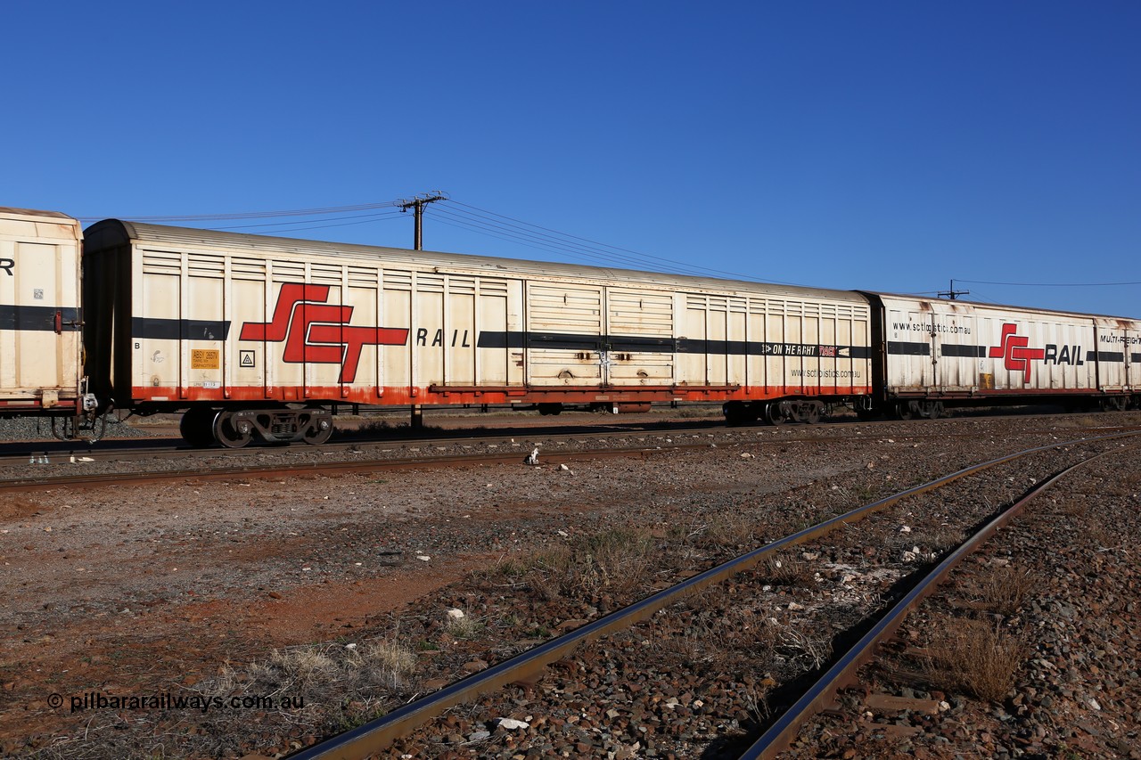 160530 9230
Parkeston, SCT train 7GP1 which operates from Parkes NSW (Goobang Junction) to Perth, ABSY type ABSY 2657 covered van, originally built by Comeng NSW in 1973 for Commonwealth Railways as VFX type, recoded to ABFX, RBFX to SCT as ABFY before conversion by Gemco WA to ABSY in 2004/05.
Keywords: ABSY-type;ABSY2657;Comeng-NSW;VFX-type;ABFX-type;ABNX-type;ABFY-type;