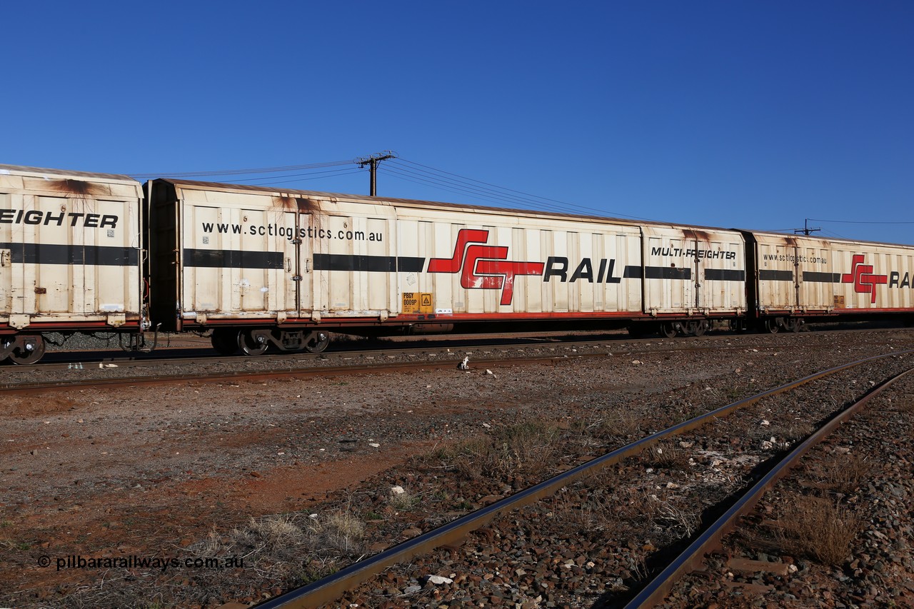 160530 9235
Parkeston, SCT train 7GP1 which operates from Parkes NSW (Goobang Junction) to Perth, PBGY type covered van PBGY 0009 Multi-Freighter, one of eighty two waggons built by Queensland Rail Redbank Workshops in 2005.
Keywords: PBGY-type;PBGY0009;Qld-Rail-Redbank-WS;