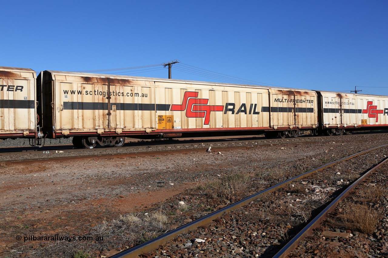 160530 9237
Parkeston, SCT train 7GP1 which operates from Parkes NSW (Goobang Junction) to Perth, PBGY type covered van PBGY 0003 Multi-Freighter, one of eighty two waggons built by Queensland Rail Redbank Workshops in 2005.
Keywords: PBGY-type;PBGY0003;Qld-Rail-Redbank-WS;