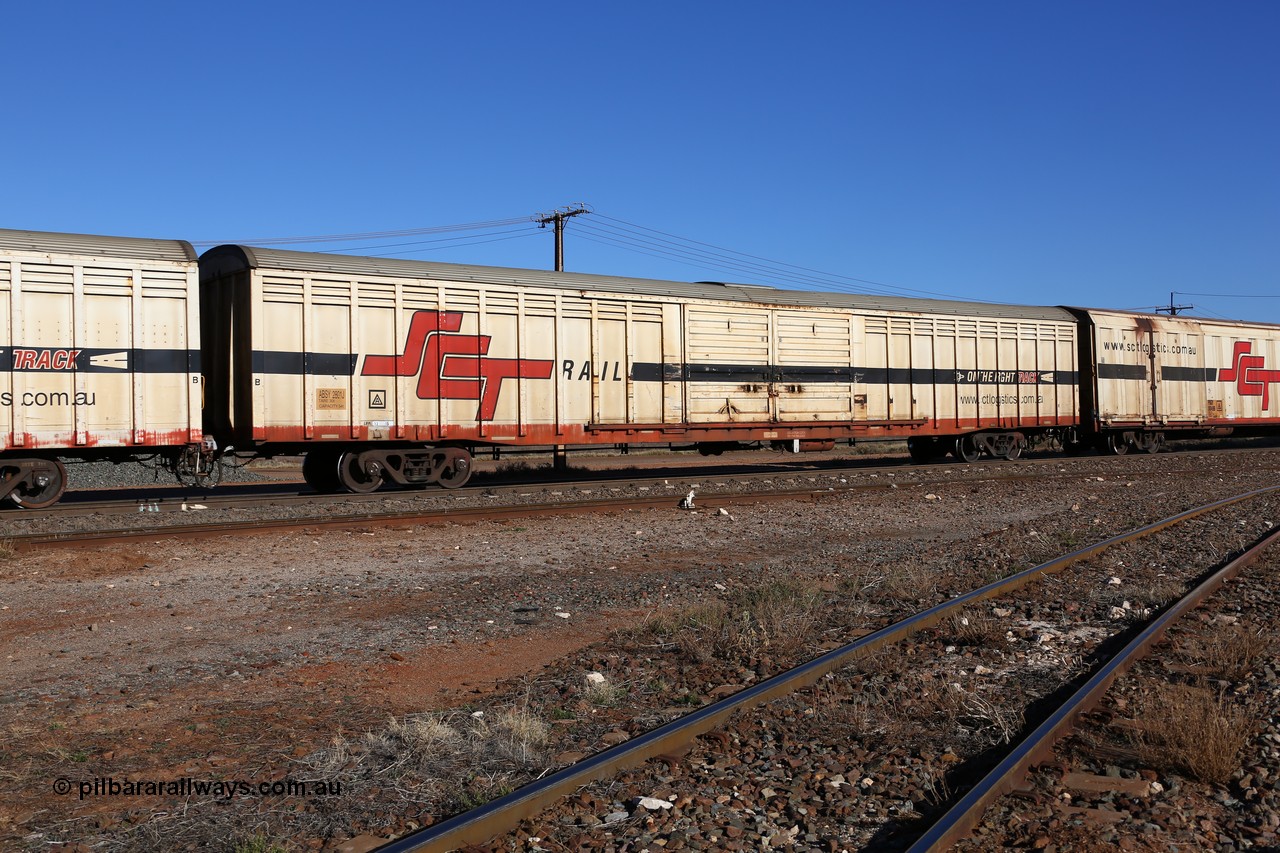 160530 9239
Parkeston, SCT train 7GP1 which operates from Parkes NSW (Goobang Junction) to Perth, ABSY type ABSY 2801 covered van, originally built by Carmor Engineering SA in 1976 as a VFX type covered van for Commonwealth Railways, recoded to ABFX and RBFX and converted from ABFY by Gemco WA in 2004/05 to ABSY.
Keywords: ABSY-type;ABSY2801;Carmor-Engineering-SA;VFX-type;ABFY-type;