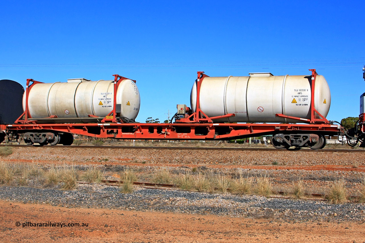 100603 8962
Parkeston, SCT's 3MP9 service operating from Melbourne to Perth, SCT inline refuelling waggon PQFY type PQFY 4209 originally built by Carmor Engineering SA in 1976 for Commonwealth Railways as RMX type container waggon, with two AMT5 type ISO tank-tainers TILU 102030[9] and TILU 102026[9].
Keywords: PQFY-type;PQFY4209;Carmor-Engineering-SA;RMX-type;