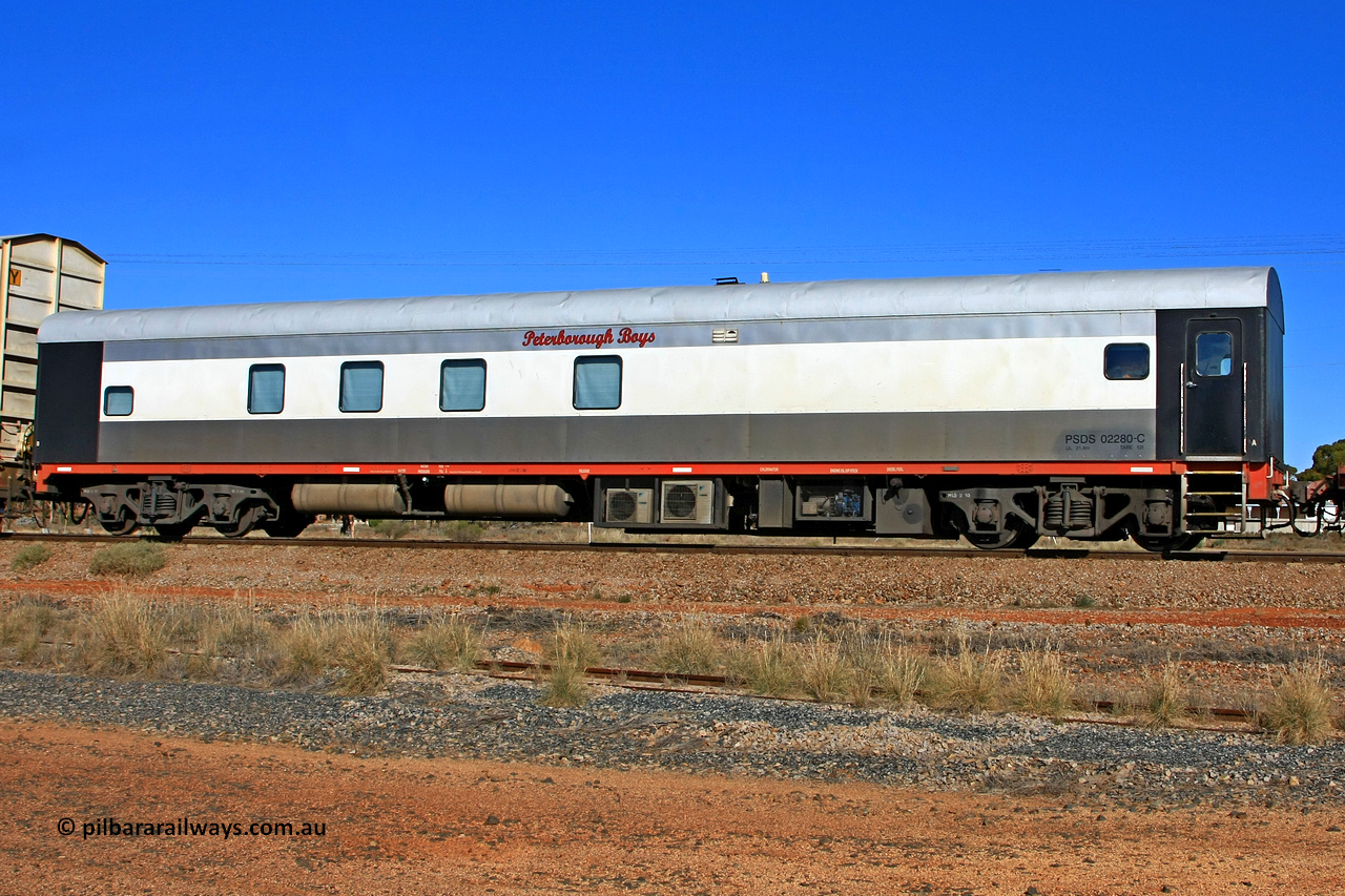 100603 8963
Parkeston, SCT's 3MP9 service operating from Melbourne to Perth, SCT crew accommodation coach PSDS type PSDS 02280 'Peterborough Boys' converted by Gemco WA in 2008 from former Comeng NSW built SDS class sitting car SDS 2280 for the NSWGR.
Keywords: PSDS-type;PSDS02280;Comeng-NSW;SDS-class;