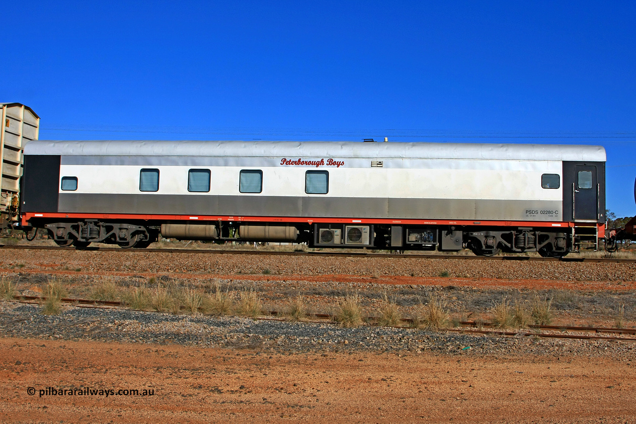 100603 8964
Parkeston, SCT's 3MP9 service operating from Melbourne to Perth, SCT crew accommodation coach PSDS type PSDS 02280 'Peterborough Boys' converted by Gemco WA in 2008 from former Comeng NSW built SDS class sitting car SDS 2280 for the NSWGR.
Keywords: PSDS-type;PSDS02280;Comeng-NSW;SDS-class;