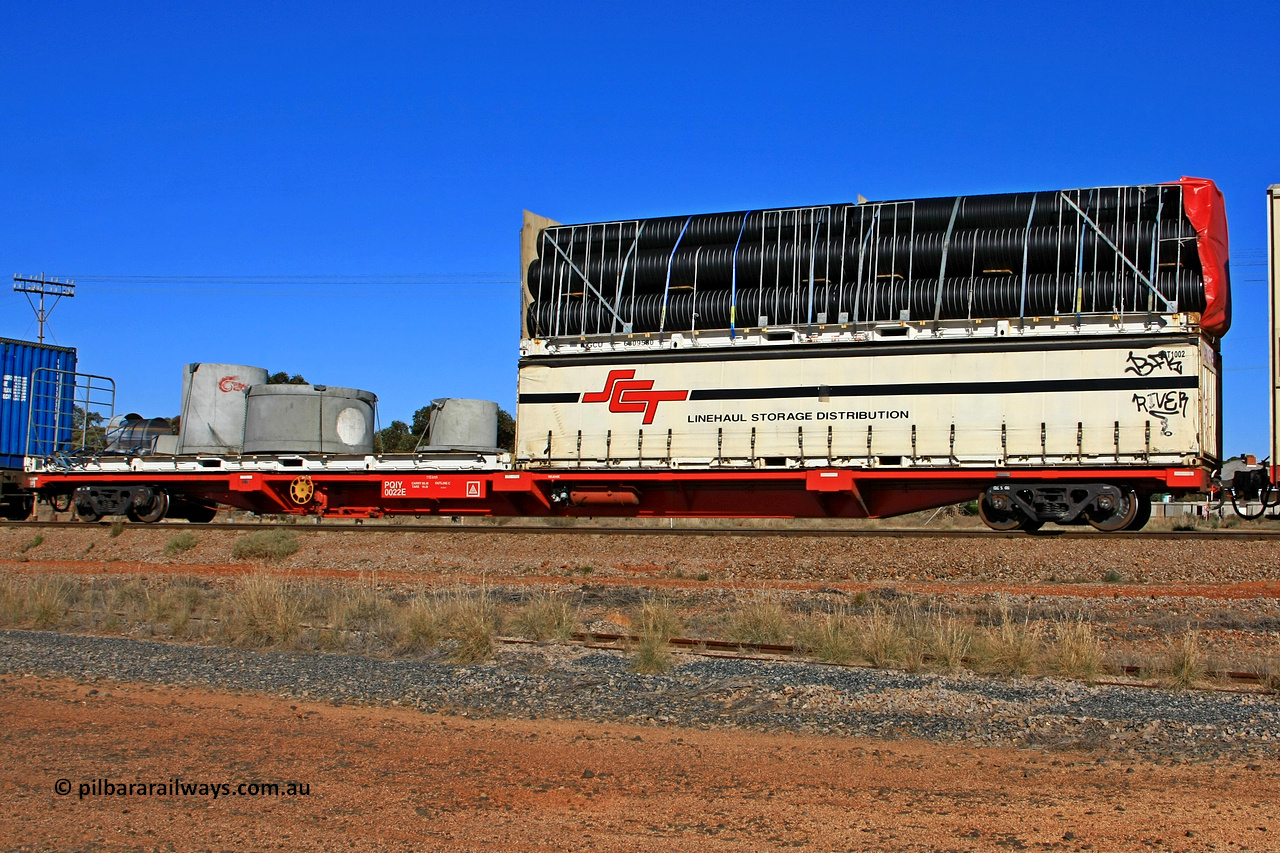 100603 8975
Parkeston, SCT train 3MP9, PQIY type 80' container flat PQIY 0022, one of forty units built by Gemco WA loaded with an SCT 40' flatrack MGCU 6609580 double stacked with SCT 40' half height curtain sider SCT 1002 and another 40' flatrack.
Keywords: PQIY-type;PQIY0022;Gemco-WA;