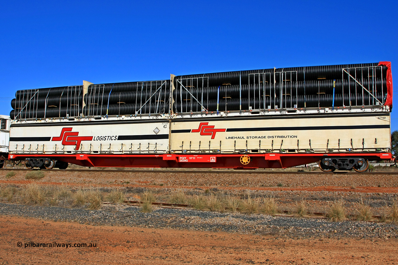 100603 8978
Parkeston, SCT train 3MP9, PQIY type 80' container flat PQIY 0039, one of forty units built by Gemco WA in 2009 loaded with a Macfield 40' flatrack MGCU 6609390 double stacked with an SCT 40' curtainsider SCT 1001 and a Macfield 40' flatrack MGCU 6609300 double stacked with another SCT 40' curtainsider SCT 1028.
Keywords: PQIY-type;PQIY0039;Gemco-WA;