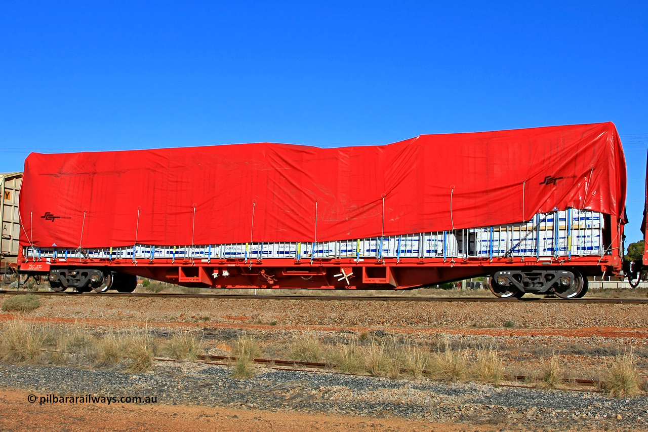 100603 8981
Parkeston, SCT train 3MP9, PQCY type waggon PQCY 979 fitted with bulkheads for tarped loading. Originally built by Victorian Railways Ballarat Nth Workshops as a VQCX type container waggon in a batch of seventy five in June 1980. Loaded with timber products.
Keywords: PQCY-type;PQCY979;Victorian-Railways-Ballarat-Nth-WS;VQCX-type;