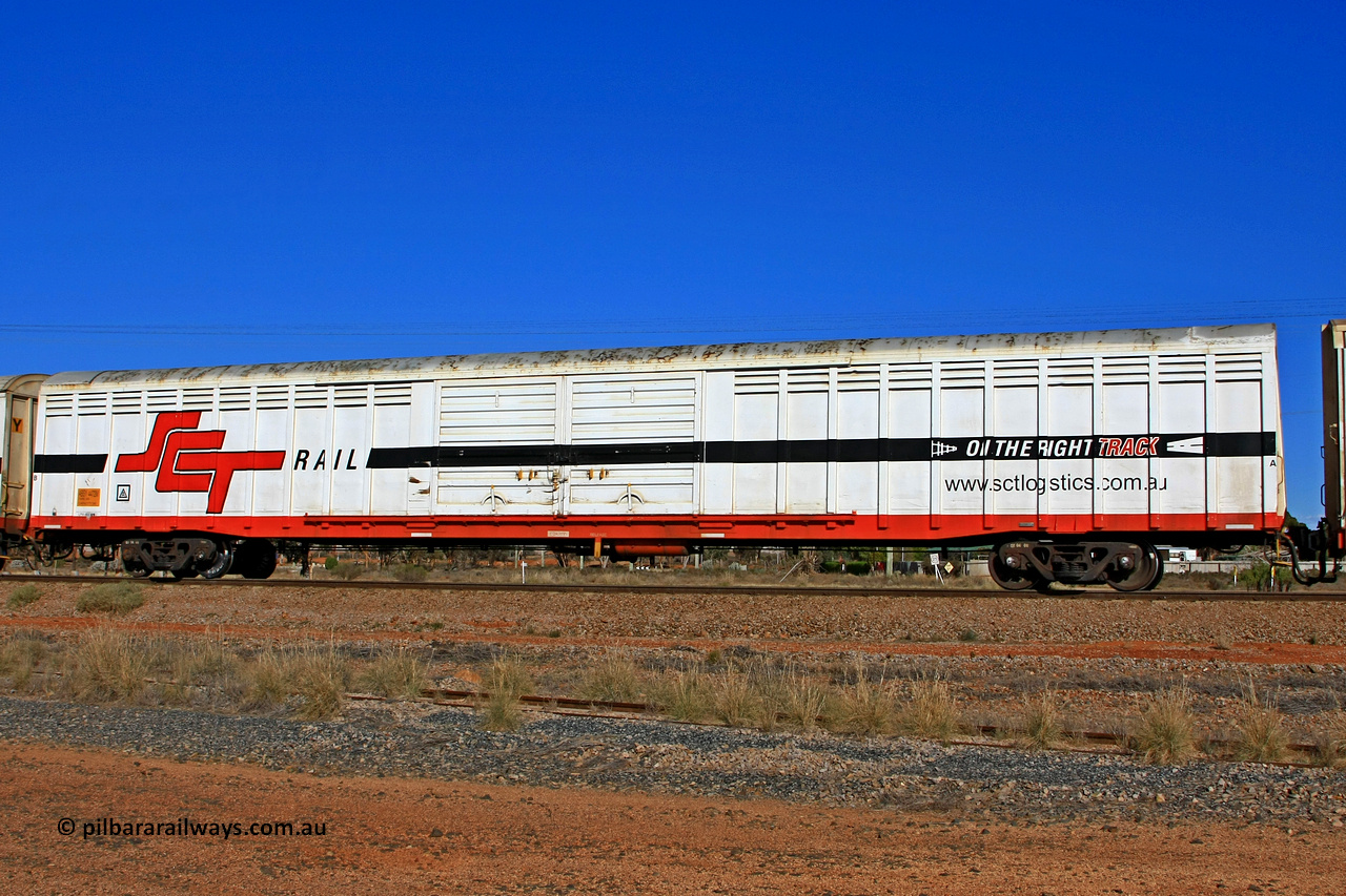 100603 8987
Parkeston, SCT train 3MP9, ABSY type covered van ABSY 4472, originally built by Comeng WA in a batch of one hundred VFX type covered vans in 1977 for Commonwealth Railways. Recoded from ABFX to RBFX November 1994, to SCT as ABFY type before being converted by Gemco WA to ABSY type in 2004/05.
Keywords: ABSY-type;ABSY4472;Comeng-WA;VFX-type;ABFX-type;RBFX-type;ABFY-type;