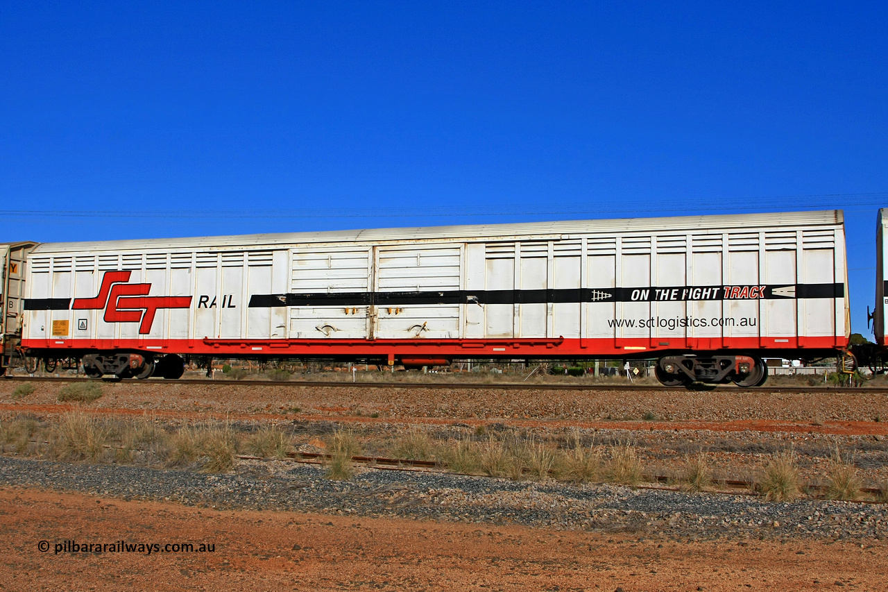 100603 8988
Parkeston, SCT's 3MP9 service operating from Melbourne to Perth, ABSY type ABSY 2456 covered van, originally built by Mechanical Handling Ltd SA in 1971 for Commonwealth Railways as VFX type recoded to ABFX and then RBFX to SCT as ABFY before being converted by Gemco WA to ABSY type in 2004/05.
Keywords: ABSY-type;ABSY2456;Mechanical-Handling-Ltd-SA;VFX-type;ABFX-type;RBFX-type;ABFY-type;