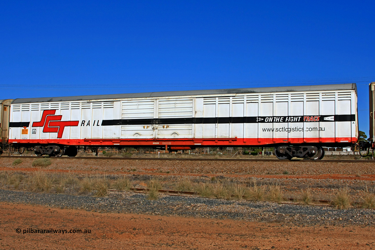 100603 8993
Parkeston, SCT train 3MP9, ABSY type covered van ABSY 3112, originally built by Comeng WA in a batch of fifty VFX type covered vans in 1977 for Commonwealth Railways. Recoded from ABFX to RBFX November 1994, to SCT as ABFY type before being converted by Gemco WA to ABSY type in 2004/05.
Keywords: ABSY-type;ABSY3114;Comeng-WA;VFX-type;ABFX-type;RBFX-type;ABFY-type;