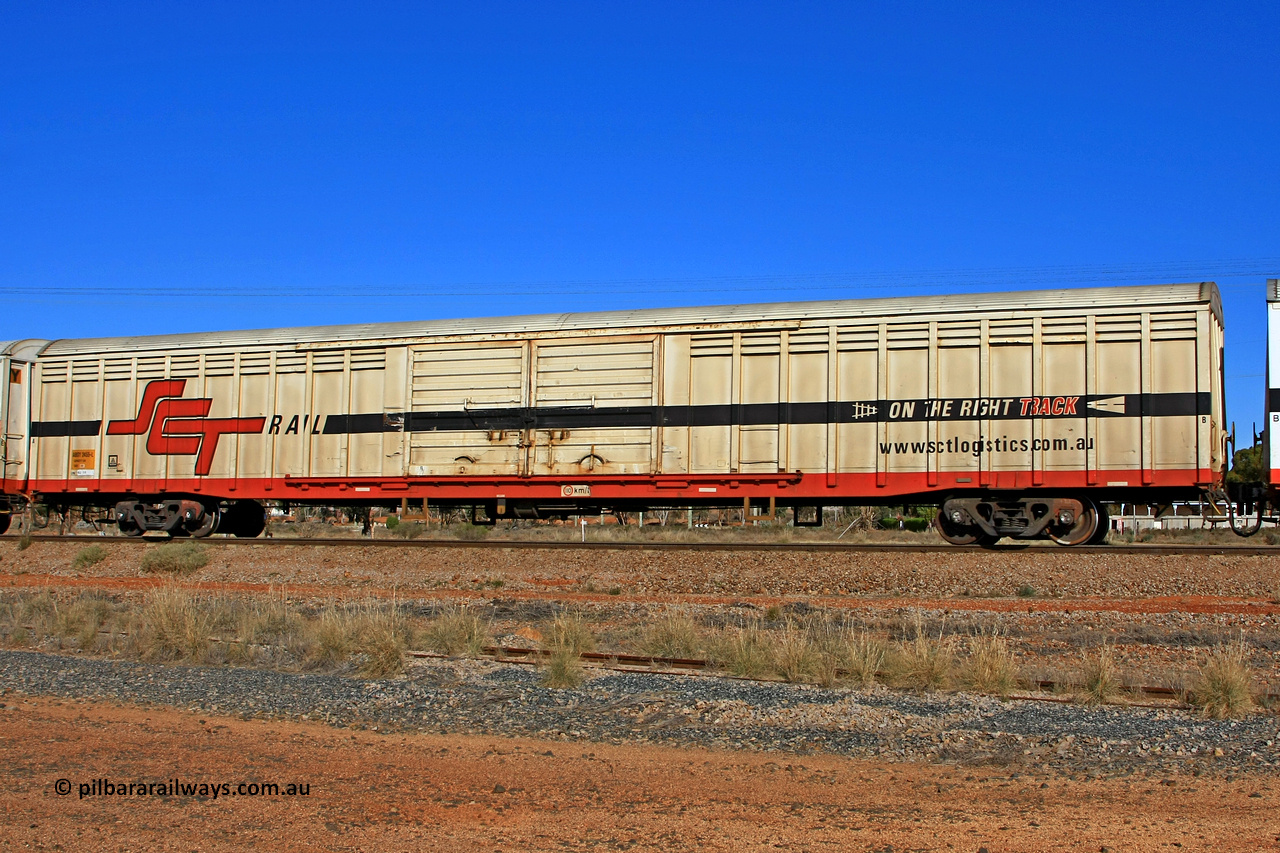 100603 8994
Parkeston, SCT train 3MP9, ABSY type covered van ABSY 2455, originally built by Mechanical Handling SA in a batch of seventy VFX type covered vans between 1971/73 for Commonwealth Railways. Recoded from RBFY to ABFY September 1996, to SCT as ABFY type before being converted by Gemco WA to ABSY type in 2004/05.
Keywords: ABSY-type;ABSY2455;Mechanical-Handling-Ltd-SA;VFX-type;ABFX-type;RBFY-type;ABFY-type;
