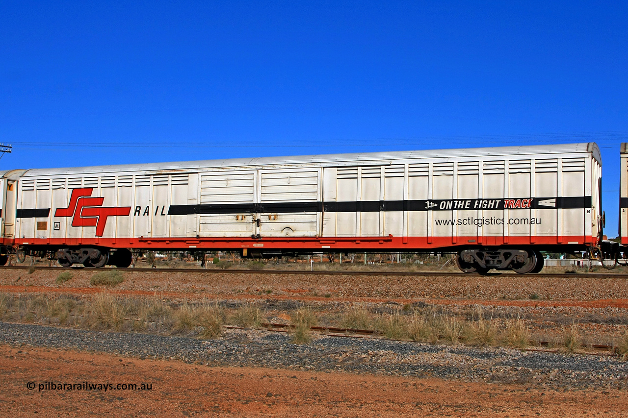 100603 8995
Parkeston, SCT train 3MP9, ABSY type covered van ABSY 2674, originally build by Comeng NSW in a batch of forty VFX type covered vans in 1973 for Commonwealth Railways. Recoded to ABFX, RBFX and to ABFY in November 1996. To SCT as ABFY type before being converted by Gemco WA to ABSY type in 2004/05.
Keywords: ABSY-type;ABSY2674;Comeng-NSW;VFX-type;ABFX-type;RBFX-type;ABFY-type;