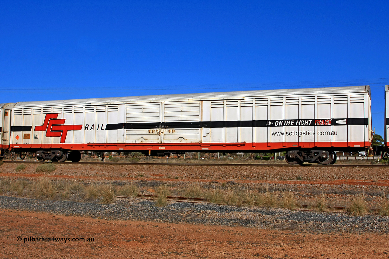 100603 8996
Parkeston, SCT train 3MP9, ABSY type covered van ABSY 3089, originally built by Comeng WA in a batch of fifty in 1977 for Commonwealth Railways as VFX type, recoded to ABFX and ABFY before being sold to SCT as ABFY and before conversion by Gemco WA to ABSY in 2004/05.
Keywords: ABSY-type;ABSY3089;Comeng-WA;VFX-type;ABFY-type;
