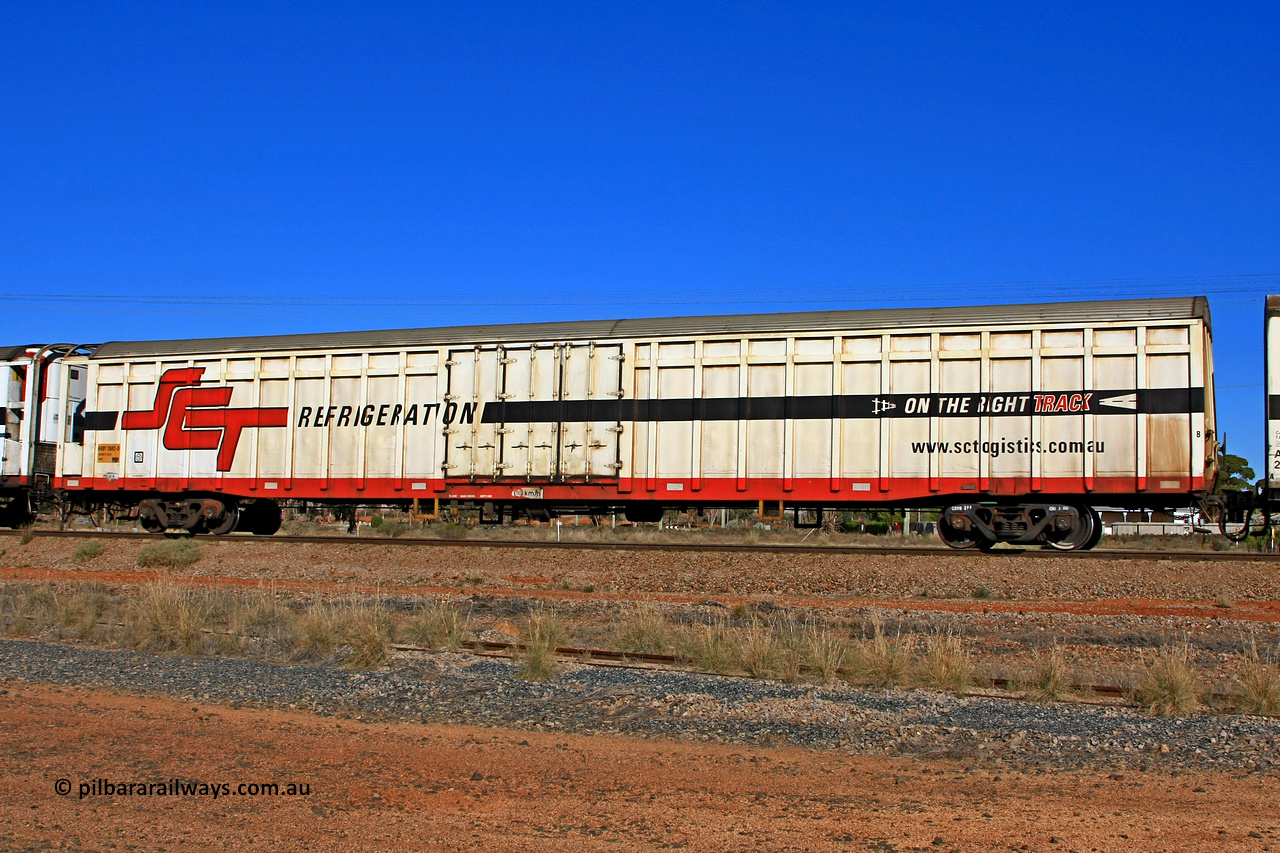 100603 9006
Parkeston, SCT train 3MP9, ARBY type ARBY 2682 refrigerated van, originally built by Comeng NSW in 1973 as a VFX type covered van for Commonwealth Railways, recoded to ABFX, RBFX and finally converted for SCT from ABFY by Gemco WA in 2004/05 to ARBY.
Keywords: ARBY-type;ARBY2682;Comeng-NSW;VFX-type;ABFY-type;