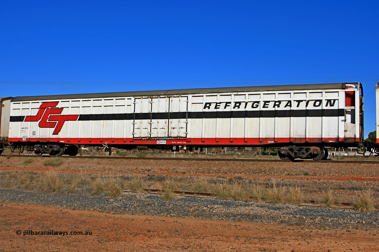 100603 9007
Parkeston, SCT train 3MP9, ARBY type ARBY 2677 refrigerated van, originally built by Comeng NSW in 1973 as a VFX type covered van for Commonwealth Railways, recoded to ABFX, RBFX and finally converted for SCT from ABFY by Gemco WA in 2004/05 to ARBY.
Keywords: ARBY-type;ARBY2677;Comeng-NSW;VFX-type;ABFY-type;