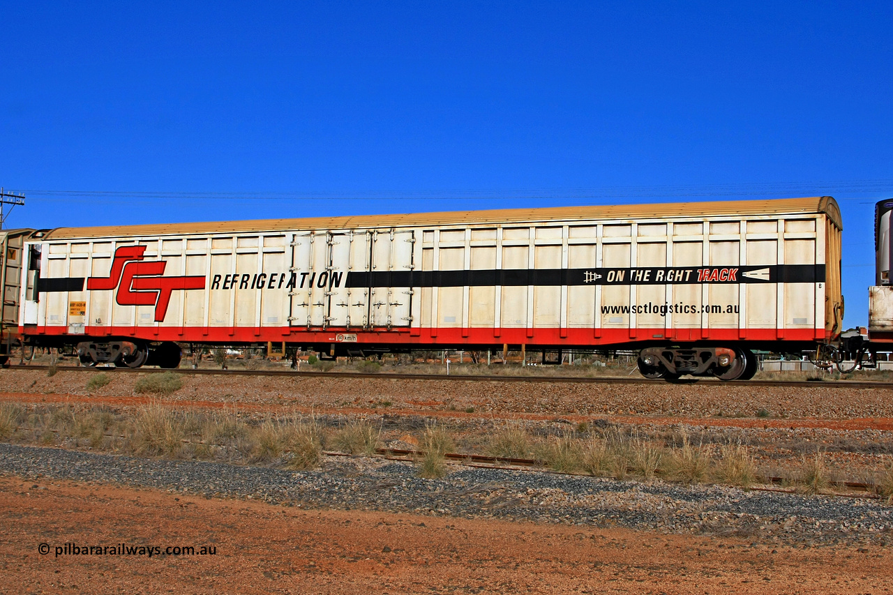 100603 9009
Parkeston, SCT train 3MP9, ARBY type ARBY 4430 refrigerated van, originally built by Comeng WA in 1977 as a VFX type covered van for Commonwealth Railways, recoded to ABFX and converted from ABFY by Gemco WA in 2004/05 to ARBY.
Keywords: ARBY-type;ARBY4430;Comeng-WA;VFX-type;