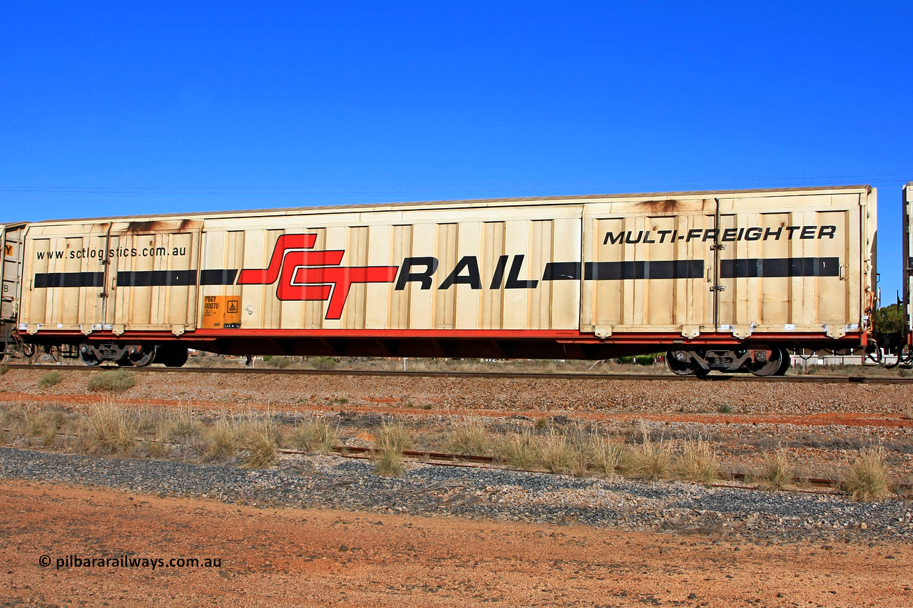 100603 9012
Parkeston, SCT train 3MP9, PBGY type covered van PBGY 0007 Multi-Freighter, one of eighty two waggons built by Queensland Rail Redbank Workshops in 2005.
Keywords: PBGY-type;PBGY0007;Qld-Rail-Redbank-WS;