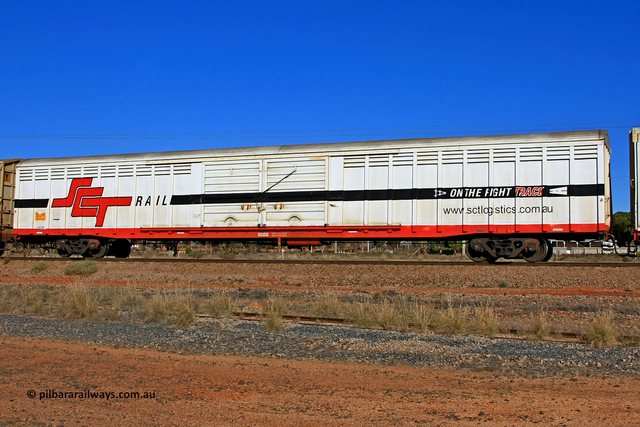100603 9015
Parkeston, SCT train 3MP9, ABSY type covered van ABSY 2443, originally built by Mechanical Handling SA as the batch leader of a batch of seventy VFX type covered vans between 1971/73 for Commonwealth Railways. Recoded from RBFY to ABFY September 1996, to SCT as ABFY type before being converted by Gemco WA to ABSY type in 2004/05.
Keywords: ABSY-type;ABSY2443;Mechanical-Handling-Ltd-SA;VFX-type;