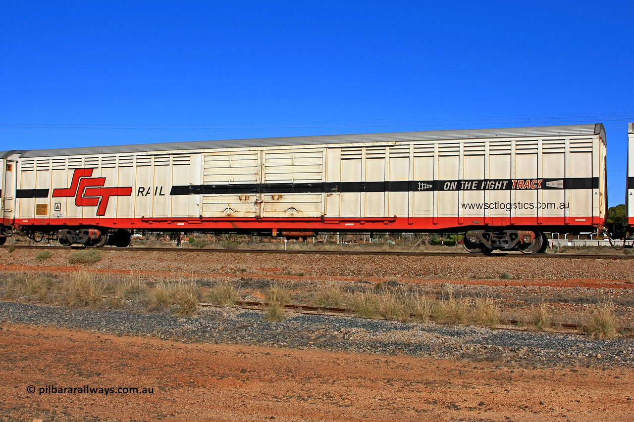 100603 9023
Parkeston, SCT train 3MP9, ABSY type covered van ABSY 2454, originally built by Mechanical Handling Ltd SA in 1971 for Commonwealth Railways as VFX type recoded to ABFX and then RBFX to SCT as ABFY before being converted by Gemco WA to ABSY type in 2004/05 seen here with the silver corrugated roof fitted.
Keywords: ABSY-type;ABSY2454;Mechanical-Handling-Ltd-SA;VFX-type;ABFY-type;