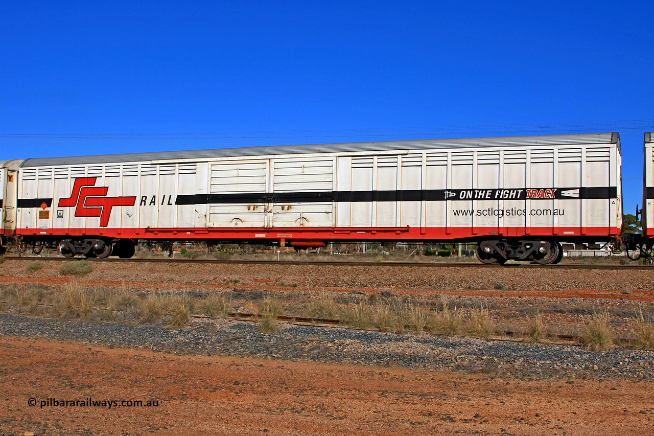 100603 9024
Parkeston, SCT train 3MP9, ABSY type covered van ABSY 2664, one of a batch of fifty made by Comeng WA as VFX type 75' covered vans in 1977, recoded to ABFX then ABFY type, to SCT then Gemco WA upgraded it to ABSY type in 2004/05, seen here with the silver corrugated roof fitted.
Keywords: ABSY-type;ABSY2664;Comeng-NSW;VFX-type;ABFX-type;ABFY-type;