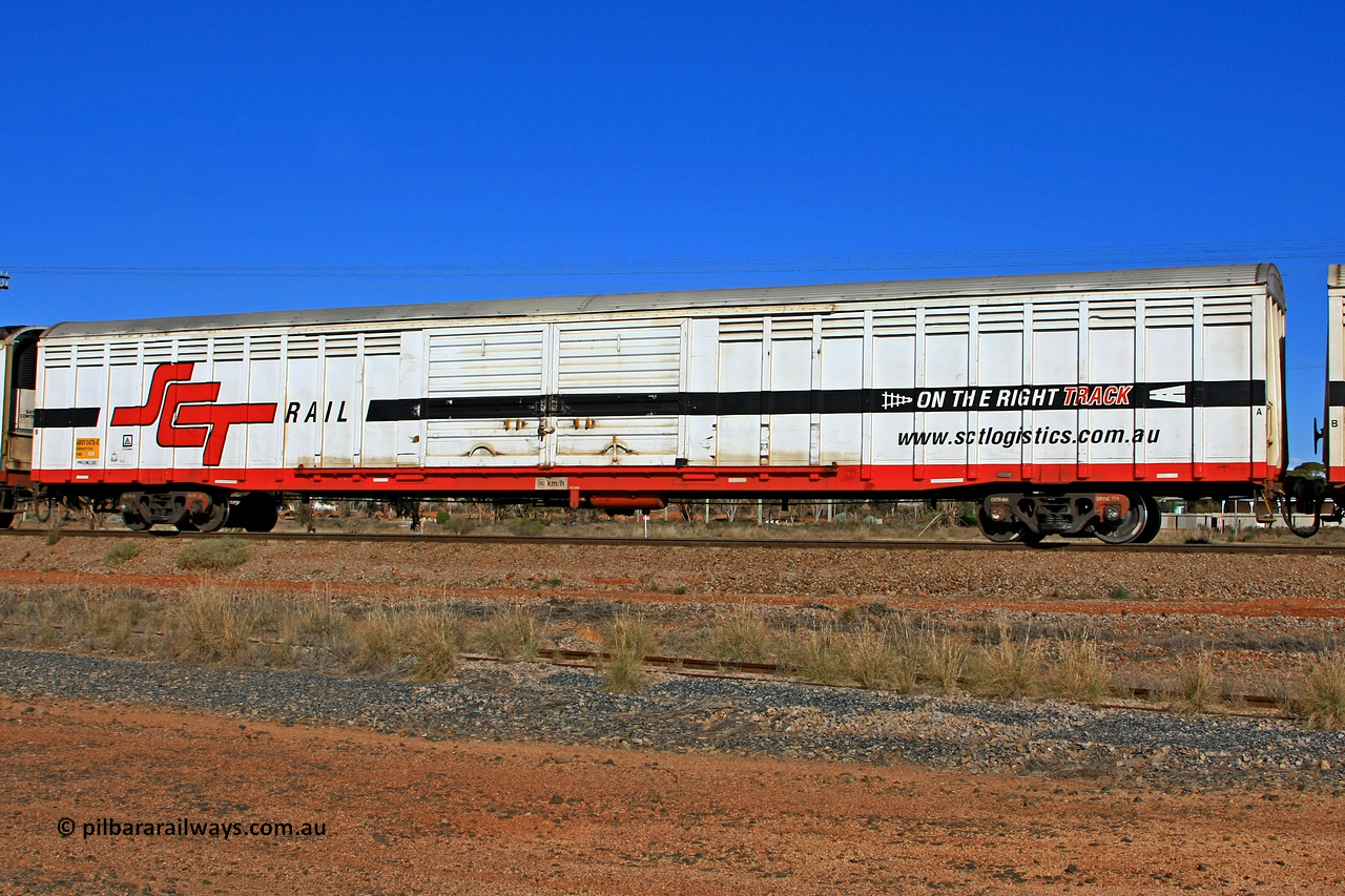100603 9027
Parkeston, SCT train 3MP9, ABSY type covered van ABSY 2475, originally built by Mechanical Handling Ltd SA in 1972 for Commonwealth Railways as VFX type recoded to ABFX and then RBFX before being converted from ABFY by Gemco WA to ABSY type in 2004/05.
Keywords: ABSY-type;ABSY2475;Mechanical-Handling-Ltd-SA;VFX-type;ABFX-type;RBFX-type;ABFY-type;