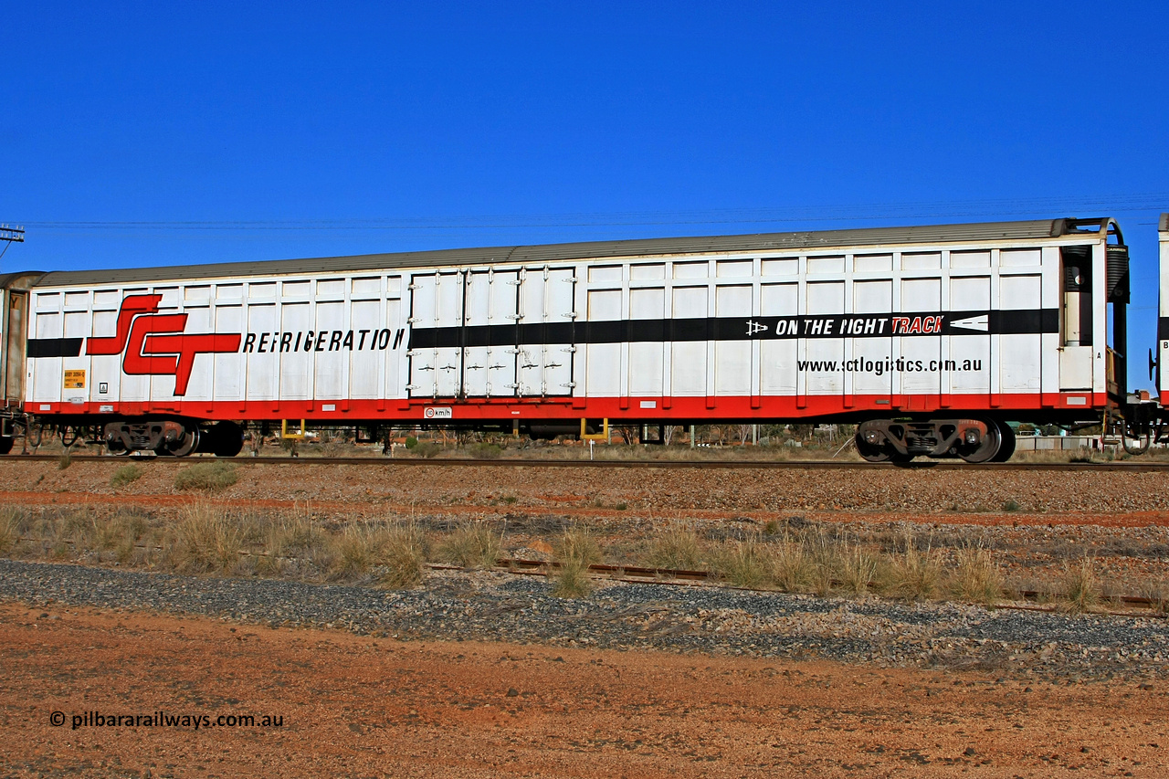 100603 9028
Parkeston, SCT train 3MP9, ARBY type ARBY 3094 refrigerated van, originally built by Comeng WA in 1977 as a VFX type covered van for Commonwealth Railways, recoded to ABFX, RBFX and finally converted from ABFY by Gemco WA in 2004/05 to ARBY.
Keywords: ARBY-type;ARBY3094;Comeng-WA;VFX-type;