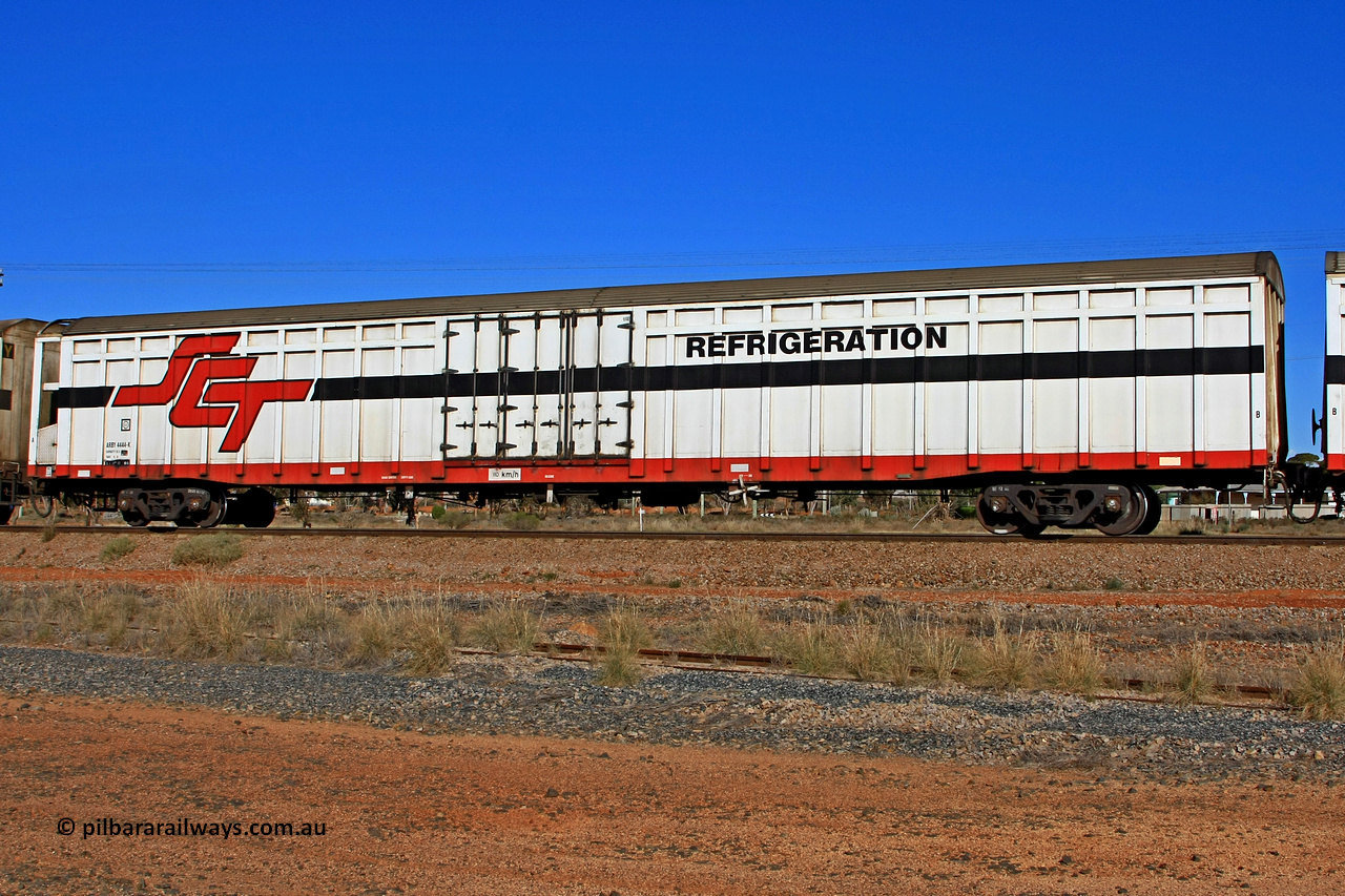 100603 9029
Parkeston, SCT train 3MP9, ARBY type ARBY 4444 refrigerated van, originally built by Comeng WA in 1977 as a VFX type covered van for Commonwealth Railways, recoded to ABFX and converted from ABFY by Gemco WA in 2004/05 to ARBY.
Keywords: ABSY-type;ABSY4444;Comeng-WA;VFX-type;ABFX-type;