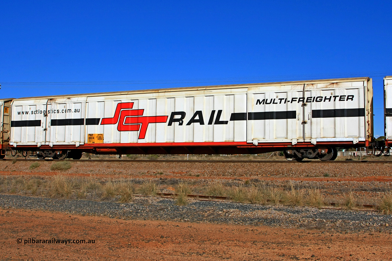 100603 9033
Parkeston, SCT train 3MP9, PBGY type covered van PBGY 0062 Multi-Freighter, one of eighty two waggons built by Queensland Rail Redbank Workshops in 2005.
Keywords: PBGY-type;PBGY0062;Qld-Rail-Redbank-WS;