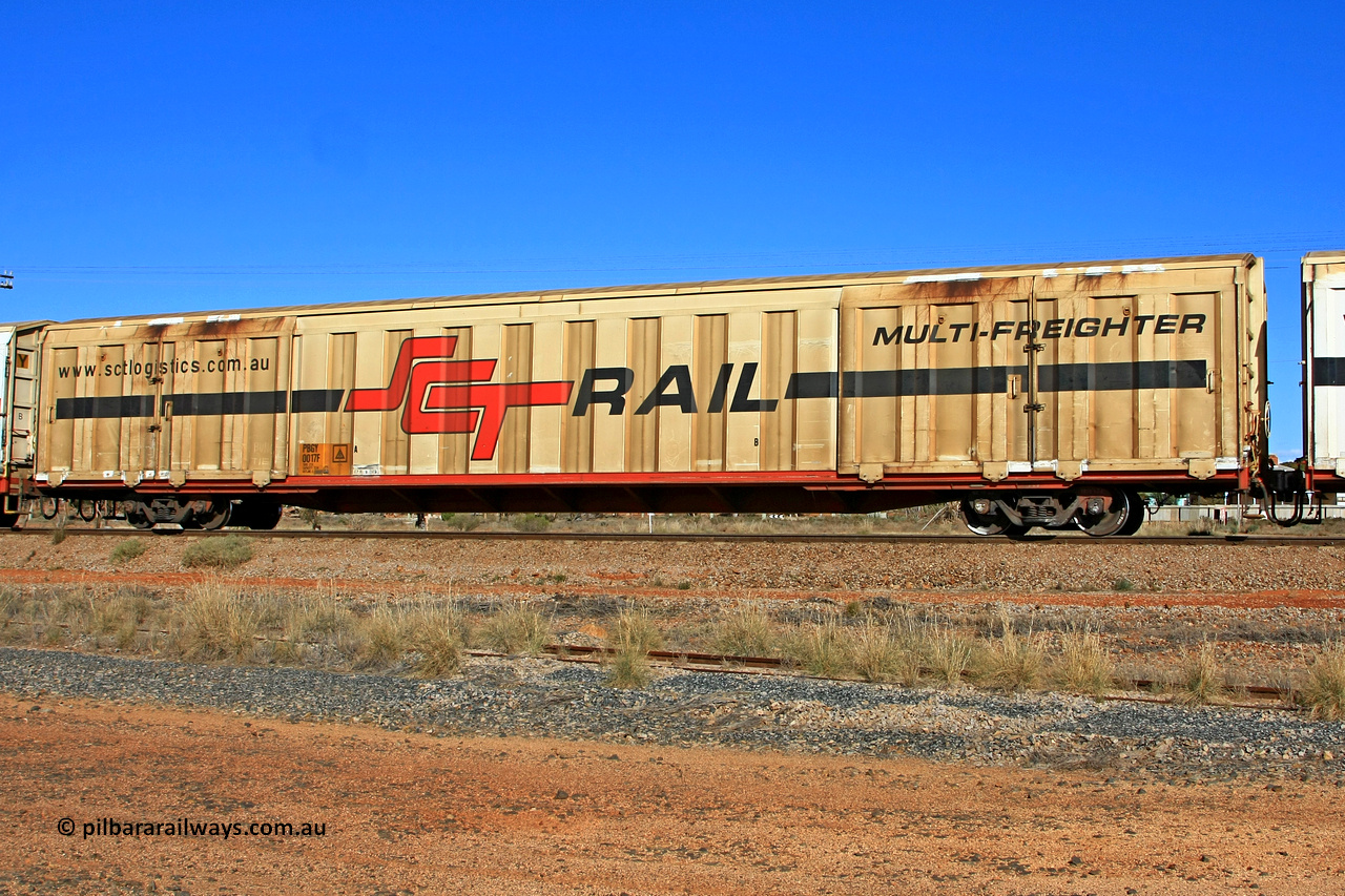 100603 9035
Parkeston, SCT train 3MP9, PBGY type covered van PBGY 0017 Multi-Freighter, one of eighty two waggons built by Queensland Rail Redbank Workshops in 2005.
Keywords: PBGY-type;PBGY0017;Qld-Rail-Redbank-WS;